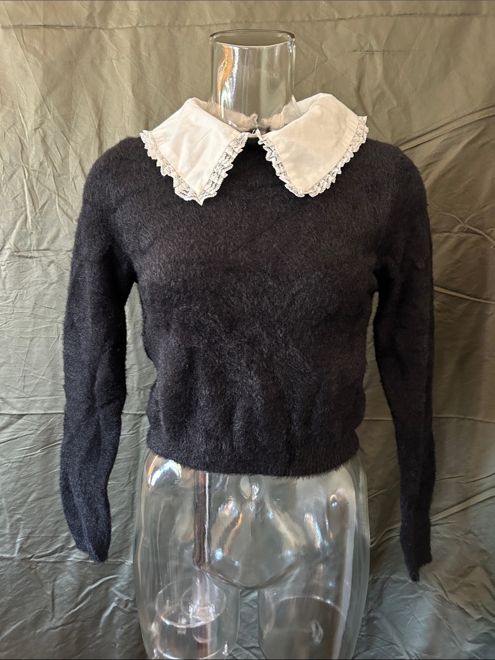 Forever 21 Black Fuzzy Crewneck Sweater with White Lace Collar
